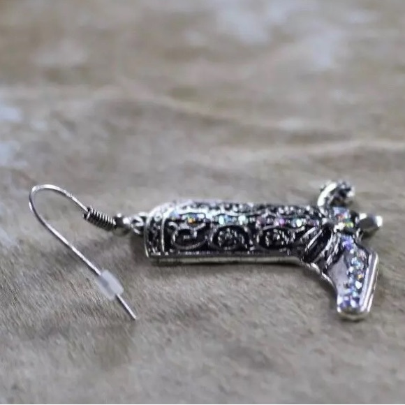 NWT Western Cowboy Boot Earrings Womens Silver Crystal Wire 1 1/4 x 1 1/8 in - Picture 12 of 14